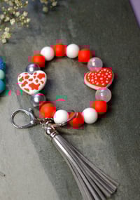Image 2 of Handmade Beaded Wristlet Keychain, tassel, key ring, heart, keys, bag charm, gift, backpack, silver