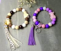 Image 1 of Handmade Beaded Wristlet Keychains, tassel, bear, purple, key, keys, clip, backpack, bag charm, cow