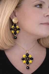 Image 1 of Royal Noir & Sunburst Crystal Statement Set – Black and Yellow Beaded Necklace & Earrings