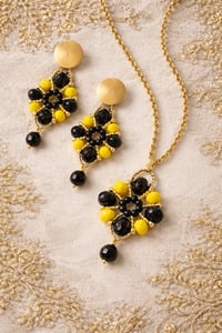 Image 2 of Royal Noir & Sunburst Crystal Statement Set – Black and Yellow Beaded Necklace & Earrings