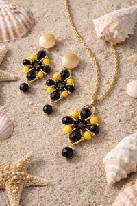 Image 4 of Royal Noir & Sunburst Crystal Statement Set – Black and Yellow Beaded Necklace & Earrings