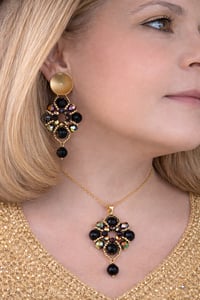 Image 1 of Midnight Aurora Crystal Set – Black & Iridescent Gold Statement Necklace and Earrings