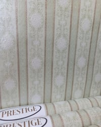 Authentic vintage wallpaper: 1980s Vintage Prestige Wallpaper Rolls - Embossed Sage Green Gold Stripe - (Sets of 2 or 3 Rolls) – main image