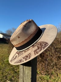 Image 1 of "Redeemed" Hand Burned Cross Hat outline in Paisley