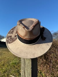 Image 2 of "Redeemed" Hand Burned Cross Hat outline in Paisley