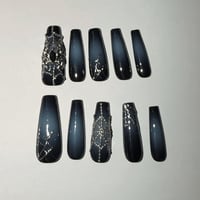 Image 1 of EXTRA LONG COFFIN BLACK AND GRAY SPIDER WEB CHAIN GEM NAILS