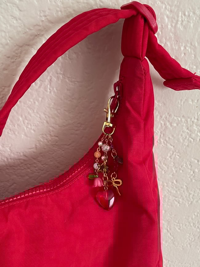 rustic red ruby and lily gold bow keychain