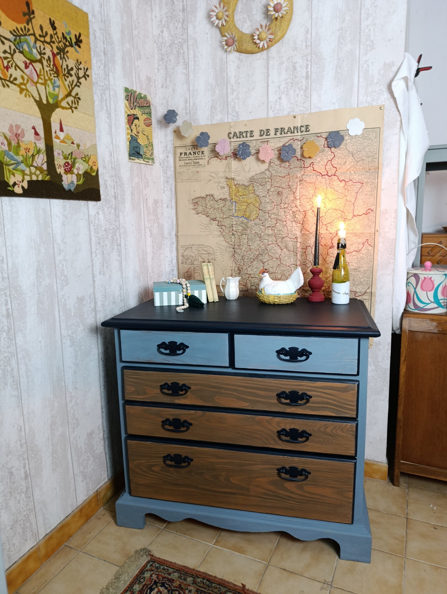 Commode en pin massif Bleu et bois foncé 