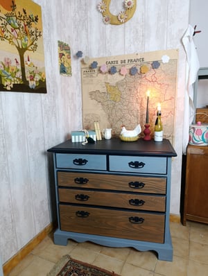 Commode en pin massif Bleu et bois foncé 
