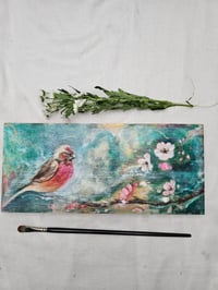 Image 1 of Linnet in the morning mist, oak panel.