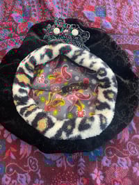  Black Velvet Beret with fleece leopard and vintage buttons 