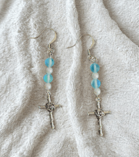 Silver Rose Cross & Blue Aura Bead Dangle Earrings