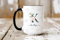 Image 1 of Personalized Initial Name Floral Rose Accent Coffee Mug (11, 15oz) 