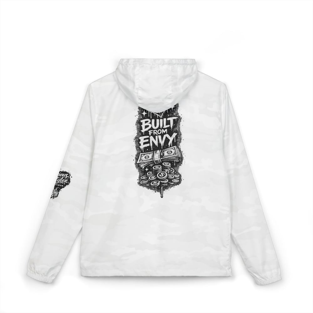 Image of Windbreaker Jacket — "Built From Envy" Black Graphic Hooded Windbreaker