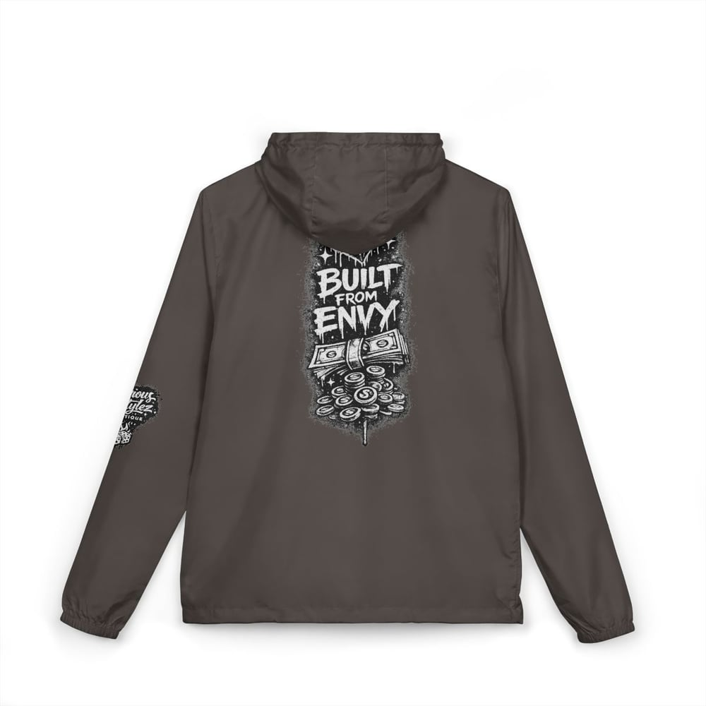 Image of Unisex Windbreaker Jacket — "Built From Envy" Black Graphic Hooded Windbreaker