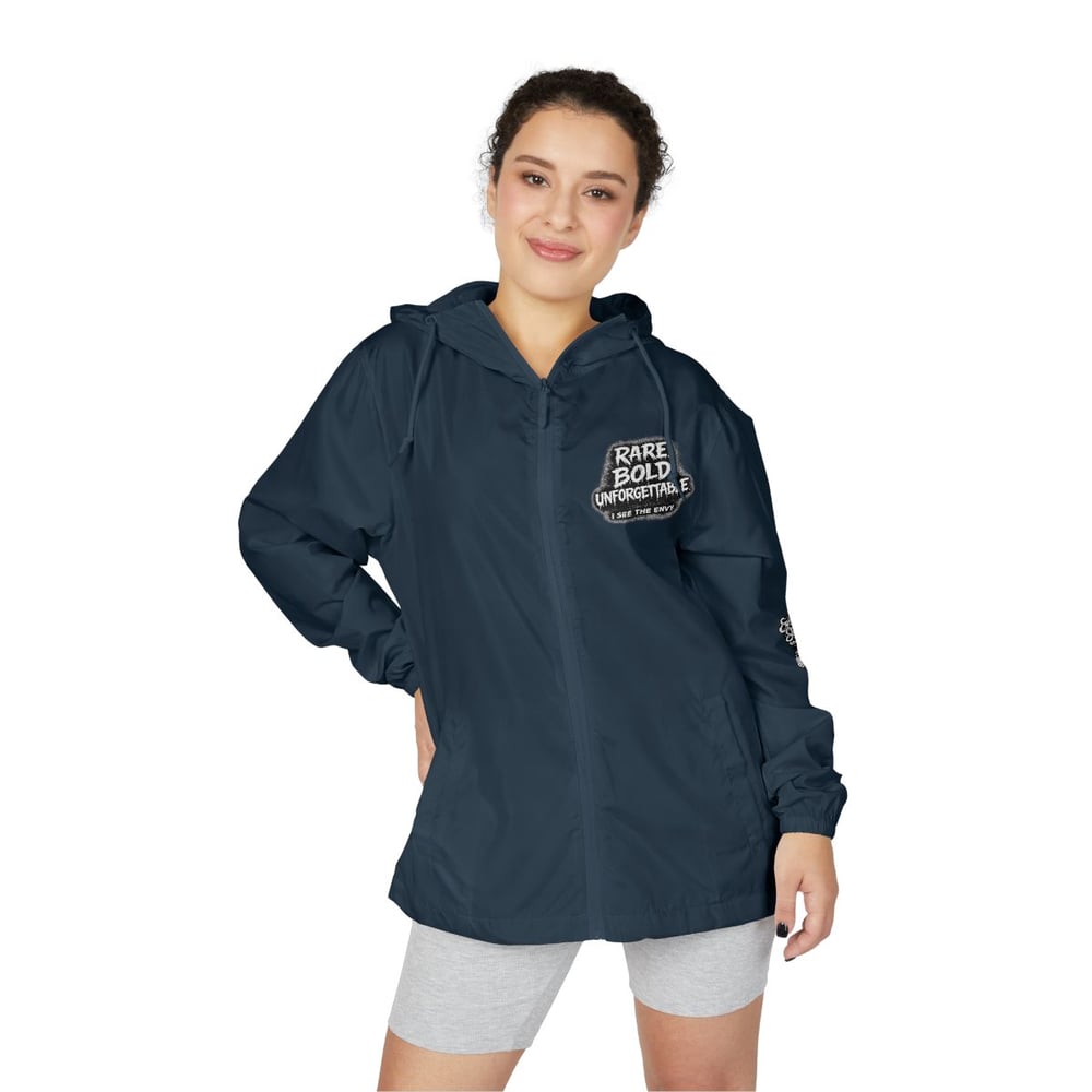 Image of Unisex Windbreaker Jacket — "Built From Envy" Black Graphic Hooded Windbreaker