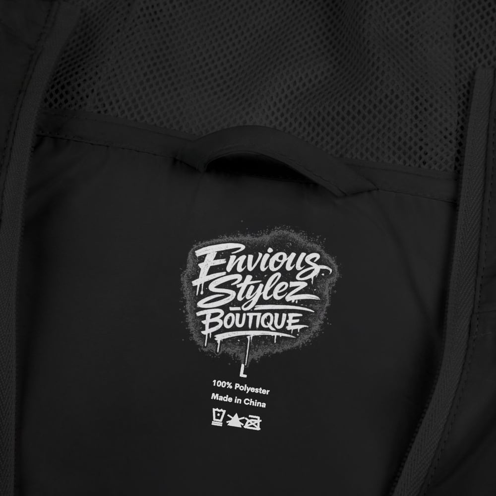 Image of Unisex Windbreaker Jacket — "Built From Envy" Black Graphic Hooded Windbreaker