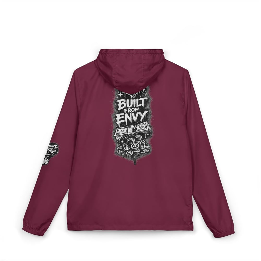 Image of Unisex Windbreaker Jacket — "Built From Envy" Black Graphic Hooded Windbreaker