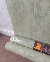 1970s Vintage Harlequin Wallpaper Rolls - Flocked Sage Green Traditional Flock - (Sets of 2 Rolls) – detail view 3
