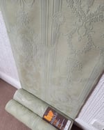 1970s Vintage Harlequin Wallpaper Rolls - Flocked Sage Green Traditional Flock - (Sets of 2 Rolls) thumbnail 5