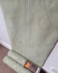 1970s Vintage Harlequin Wallpaper Rolls - Flocked Sage Green Traditional Flock - (Sets of 2 Rolls) – detail view 5
