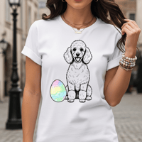 Image 1 of Easter Egg Poodle T-Shirt — Cute Puppy with Pastel Tie-Dye Egg