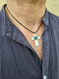 Image 3 of Ready to ship! Mens Necklace-Sterling Silver Cross with Apatite Gemstone