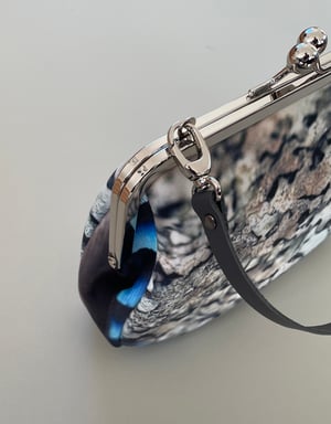 Image of Silver lichen & jay feather, velvet clutch bag with handle - roomier size