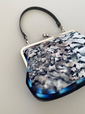 Image of Silver lichen & jay feather, velvet clutch bag with handle - roomier size