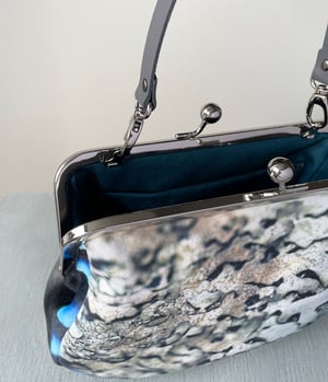 Image of Silver lichen & jay feather, velvet clutch bag with handle - roomier size