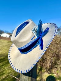 Image 1 of "Mrs Blue Sky" Burned Cowboy Hat, Whipstitched Suede Hat, Blue Leather Stitched Hat