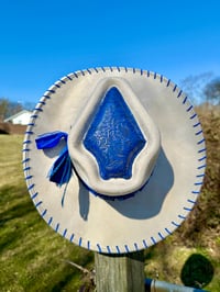 Image 2 of "Mrs Blue Sky" Burned Cowboy Hat, Whipstitched Suede Hat, Blue Leather Stitched Hat
