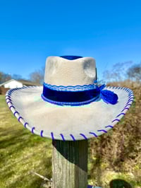 Image 3 of "Mrs Blue Sky" Burned Cowboy Hat, Whipstitched Suede Hat, Blue Leather Stitched Hat