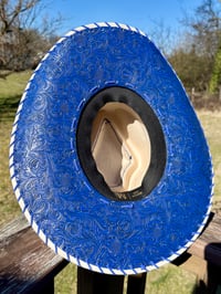 Image 4 of "Mrs Blue Sky" Burned Cowboy Hat, Whipstitched Suede Hat, Blue Leather Stitched Hat