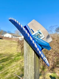 Image 5 of "Mrs Blue Sky" Burned Cowboy Hat, Whipstitched Suede Hat, Blue Leather Stitched Hat