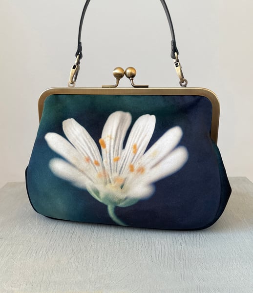 Image of Wild stitchwort flower, velvet clutch/shoulder bag - roomier size