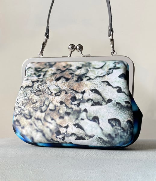 Image of Silver lichen & jay feather, velvet clutch bag with handle - roomier size