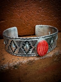 Image 3 of WL&A Handmade Ingot Old Style Nine Peaks Repoussé Coral Cuff - Size 7" to 7.5" Wrist