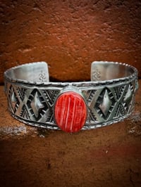 Image 1 of WL&A Handmade Ingot Old Style Nine Peaks Repoussé Coral Cuff - Size 7" to 7.5" Wrist
