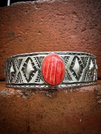 Image 4 of WL&A Handmade Ingot Old Style Nine Peaks Repoussé Coral Cuff - Size 7" to 7.5" Wrist