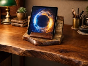 Image of Live Edge Ash Wood Tablet Stand, Handmade Wooden iPhone Holder, Rustic Dock Stand