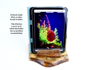 Image of Live Edge Ash Wood Tablet Stand, Handmade Wooden iPhone Holder, Rustic Dock Stand