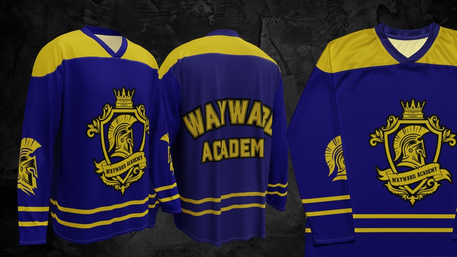 Image of Officially licensed Wayward logo gold and navy Recycled hockey fan jersey
