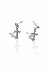 Image 1 of Hypoallergenic Stainless Steel 1" Cross Drop Earrings – 4mm Ball Studs