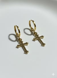 Image 1 of Gold Cross Earrings, Stainless Steel, Religious Dangle Jewelry