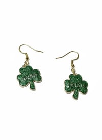 Image 1 of Sparkling "Irish" Green Glitter Shamrock Earrings – Sterling Silver Hooks