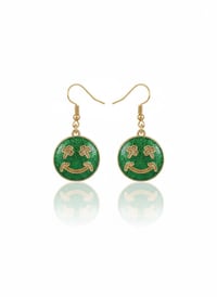 Image 1 of St. Patrick's Day Earrings • Green Glitter Shamrock Smiley Face