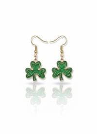 Image 1 of St. Patrick's Day Shamrock Dangle Earrings, Green Glitter, Hypoallergenic