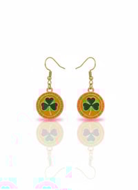 Image 1 of St. Patrick's Day Shamrock Earrings, 925 Sterling Silver, Green &amp; Orange Clover Drops
