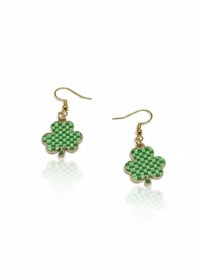 Image 1 of St. Patrick's Day Shamrock Earrings – Green Checkered Enamel, Sterling Silver Hooks